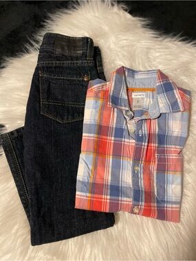 Signature by Levi Strauss jeans+Coral & Light Blue Plaid Button-Down Shirt-7year